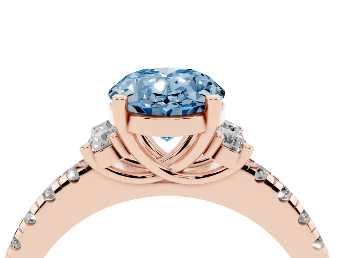 Fancy Blue Oval Cut Diamond Three-Stone Pave Band with Four-Prong Setting Rose gold