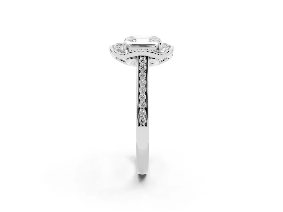 Asscher Cut Halo Round Diamond Pave Band with Four-Prong Setting Silver