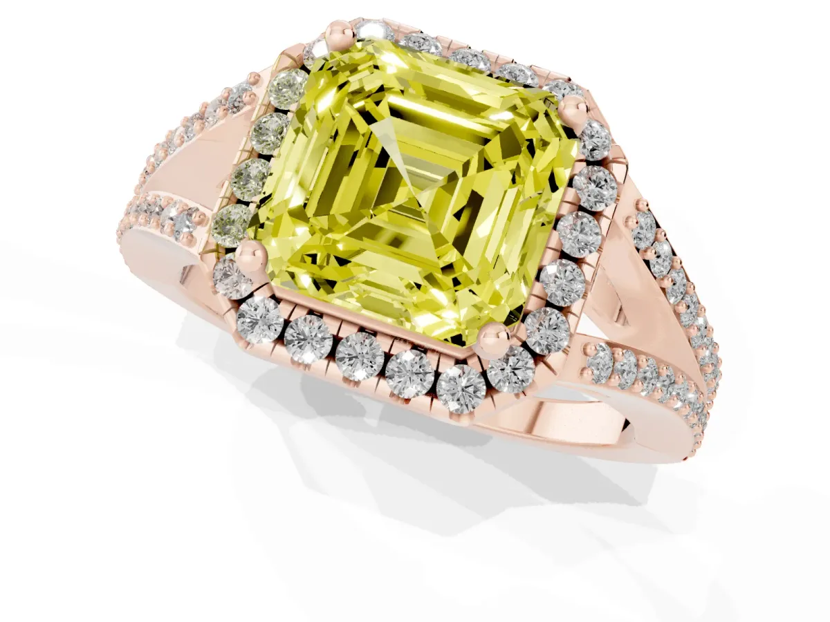 Fancy Yellow Asscher Cut Halo Split Shank Diamond Ring with Prong Setting Rose gold