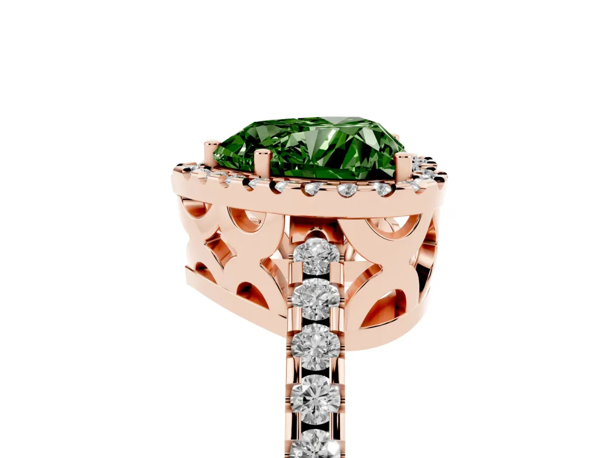 Fancy Green Heart Cut Diamond Halo Engagement Ring with Pavé Band and Prong Setting Rose gold