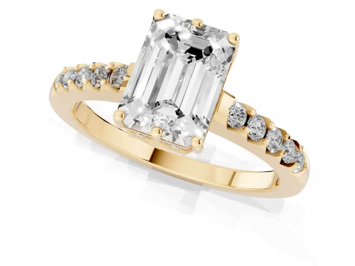 Emerald Cut Solitaire Diamond Engagement Ring with Pavé Band and Six-Prong Setting Yellow gold