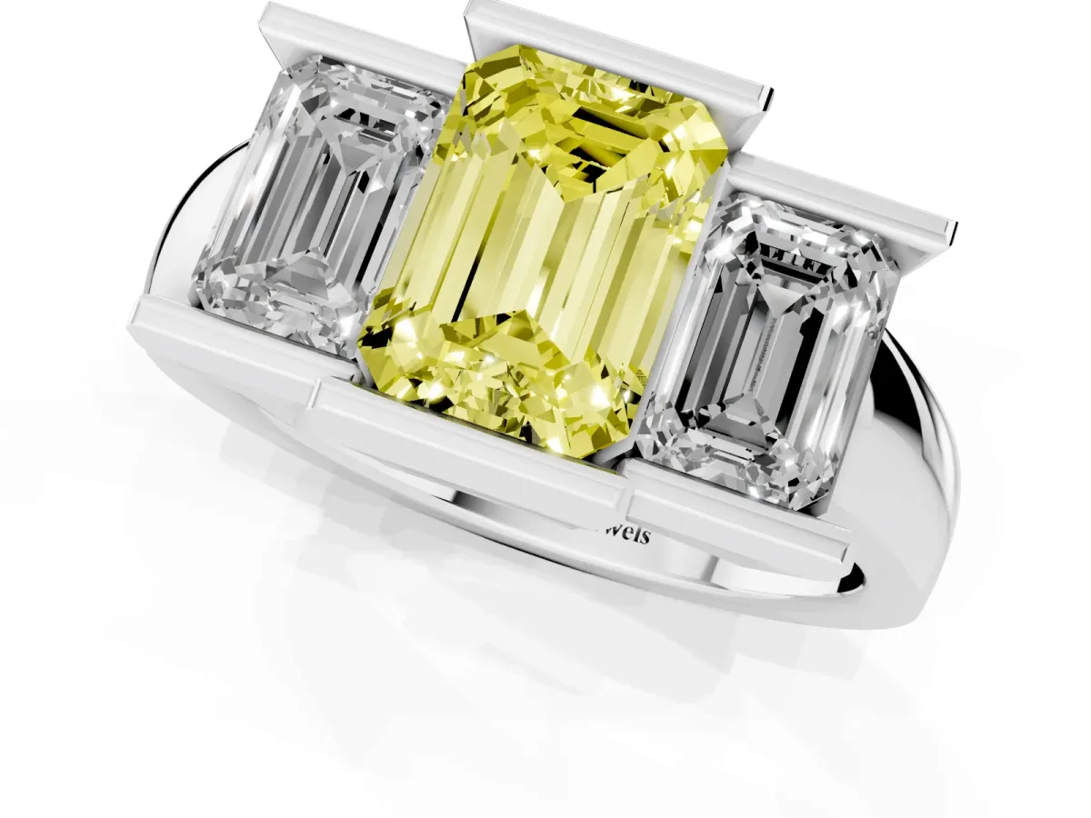 Fancy Yellow Three Stone Emerald Cut Cut Channel Set Diamond Ring Platinum