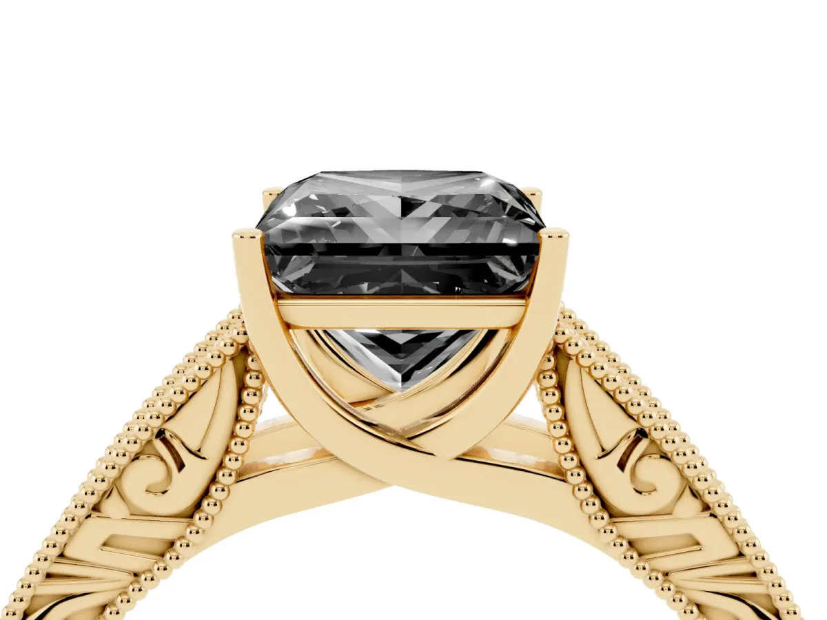 Fancy Black Princess Cut Diamond Solitaire Ring with Engraved Band and Four-Prong Setting Yellow gold