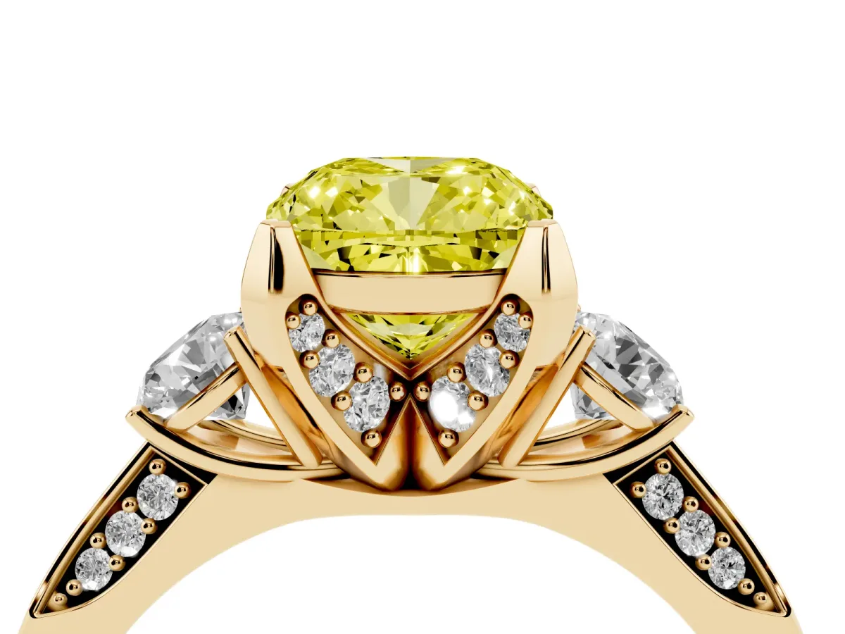 Fancy Yellow Cushion Cut Brilliant Three-Stone Diamond Ring with Pavé Band and Four-Prong Setting Yellow gold