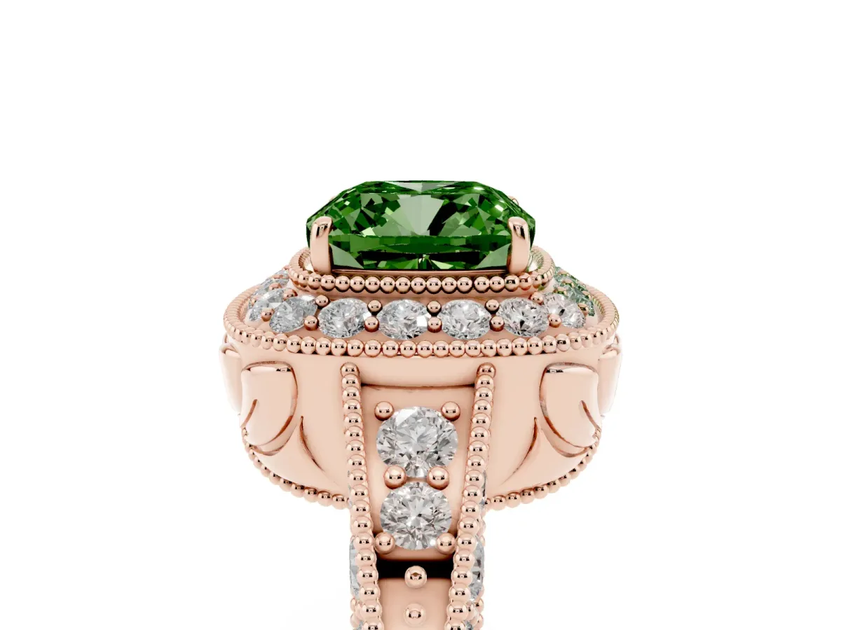 Fancy Green Cushion Cut Halo Diamond Split Shank Ring with Milgrain Detail Rose gold