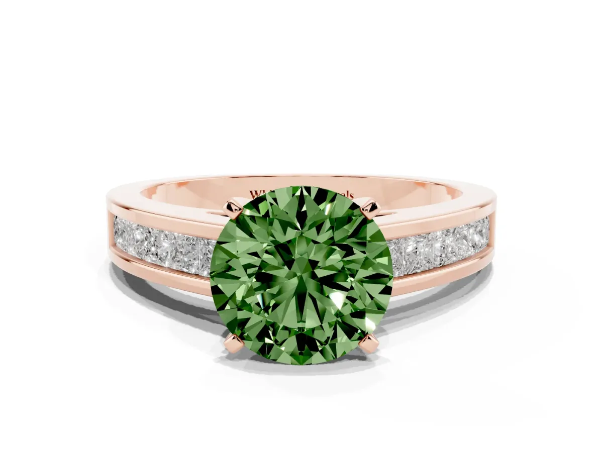 Fancy Green Round Cut Solitaire Diamond Ring with Channel-Set Band and Four-Prong Setting Rose gold