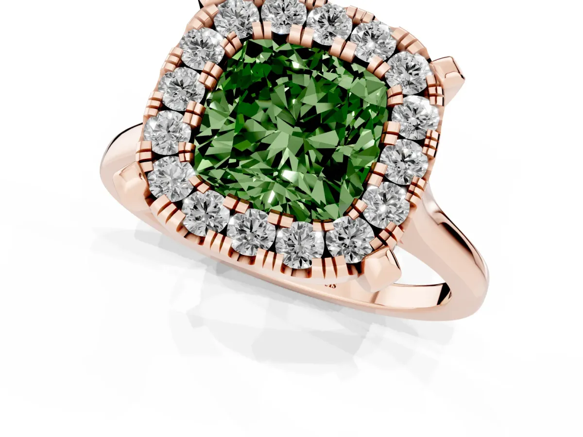 Fancy Green Cushion Cut Diamond Cluster Halo Solitaire with Four-Prong Setting Rose gold