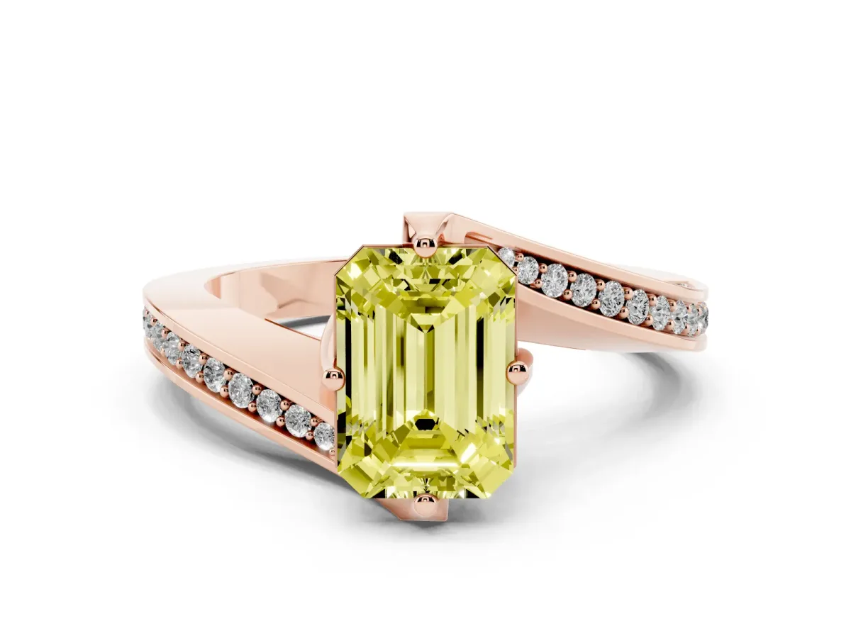 Fancy Yellow Emerald Cut Solitaire Diamond Twist Band with Pavé Setting and Four-Prong Setting Rose gold