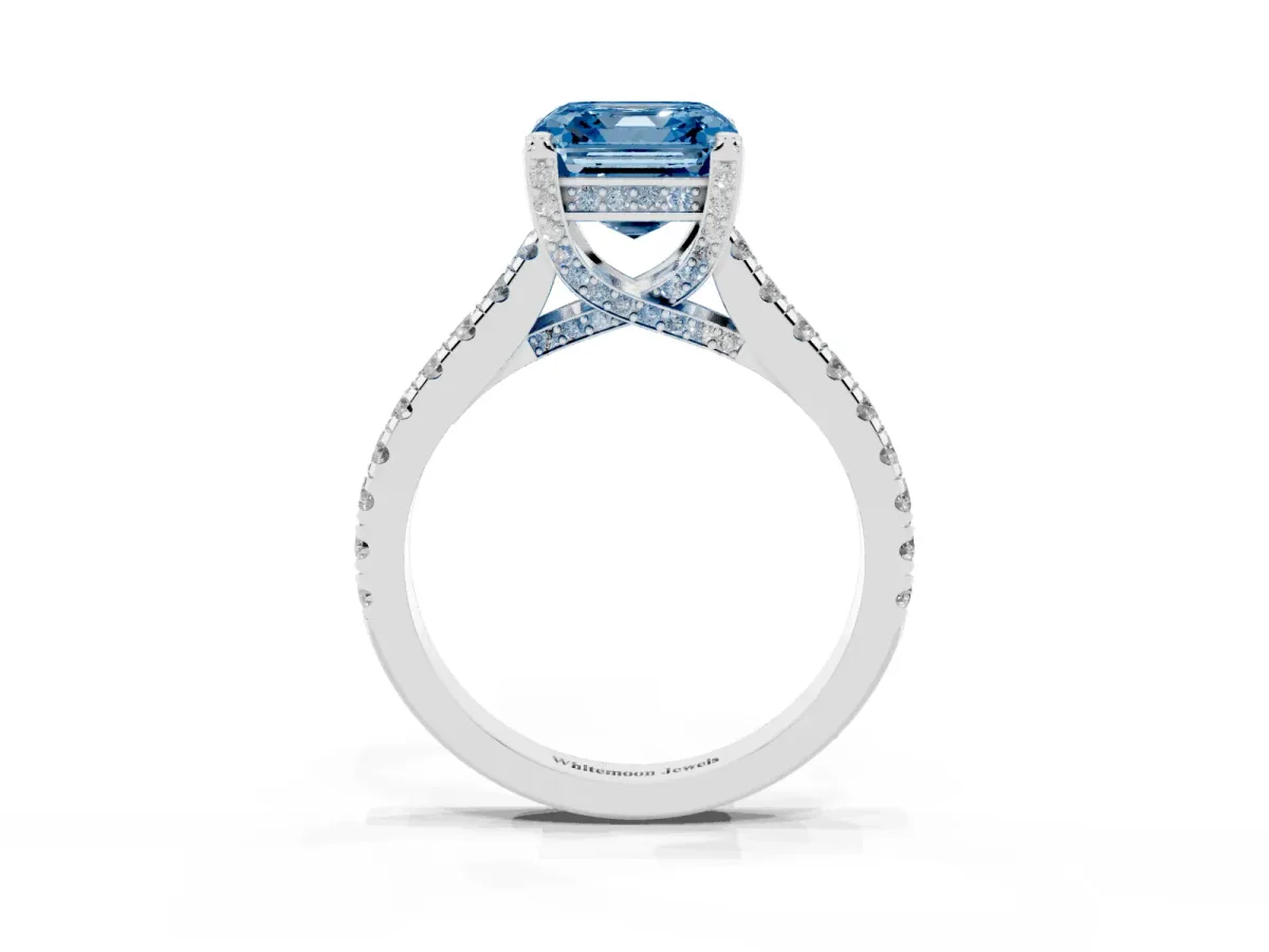 Fancy Blue Asscher Cut Brilliant Diamond Solitaire with Pavé Band and Four-Prong Setting Silver