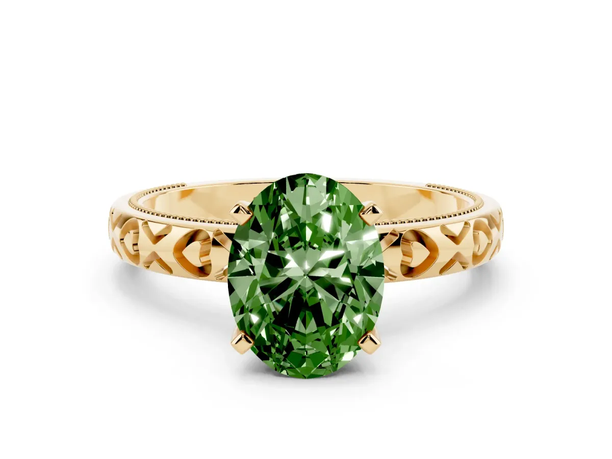 Fancy Green Oval Cut Solitaire Diamond Engagement Ring with XO Engraved Band and Four-Prong Setting Yellow gold
