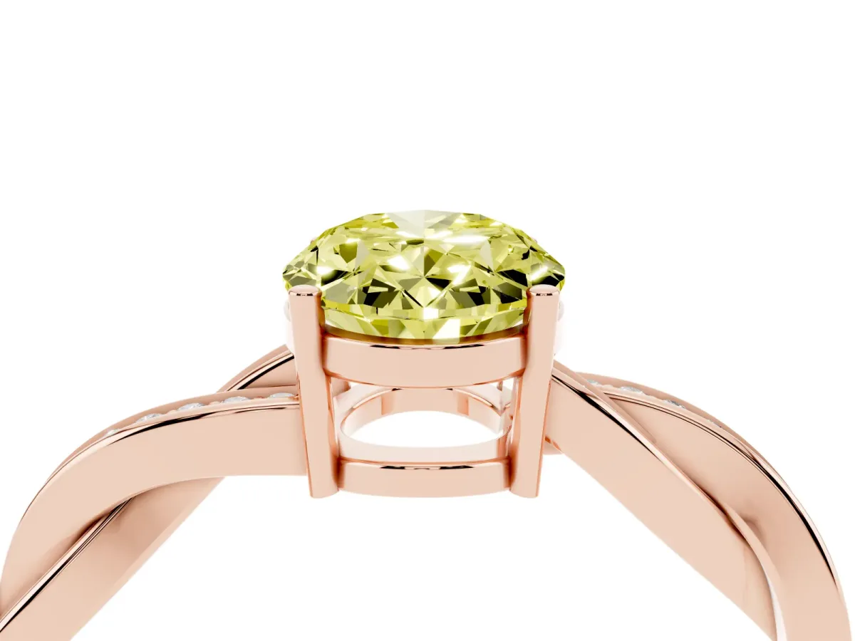 Fancy Yellow Oval Cut Solitaire Twisted Pave Diamond Ring with Four-Prong Setting Rose gold