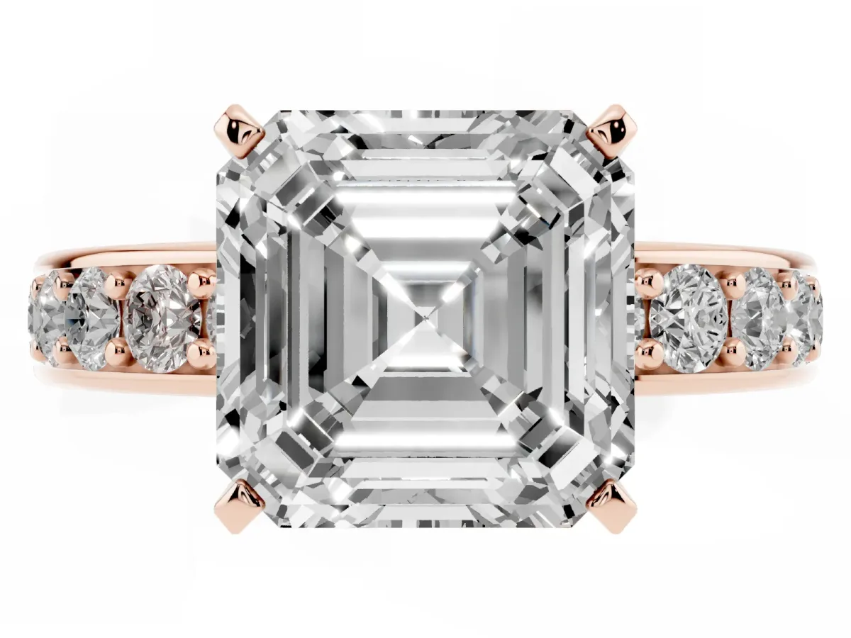 Asscher Cut Diamond Engagement Ring with Channel Set Round Band and Prong Setting Rose gold