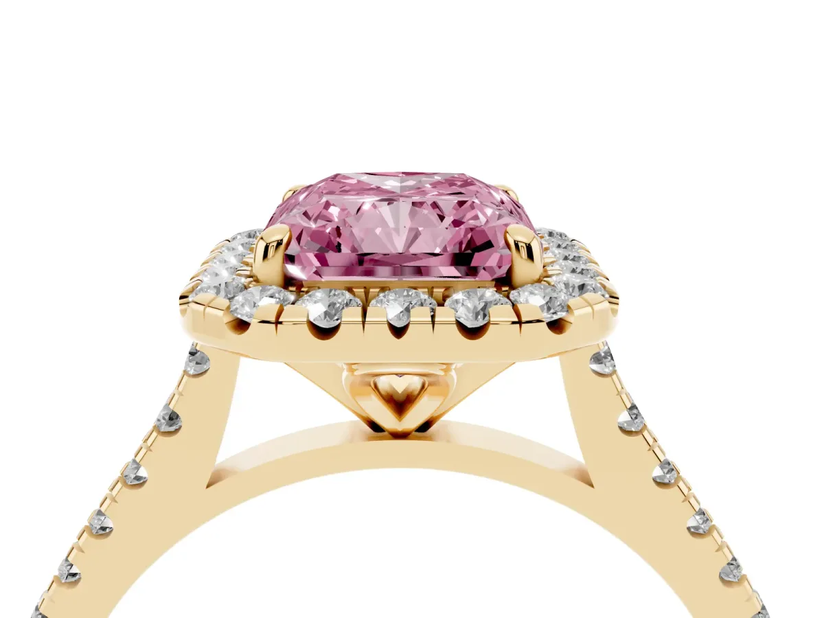 Fancy Pink Radiant Cut Diamond Cushion Halo Ring with Pavé Band Yellow gold