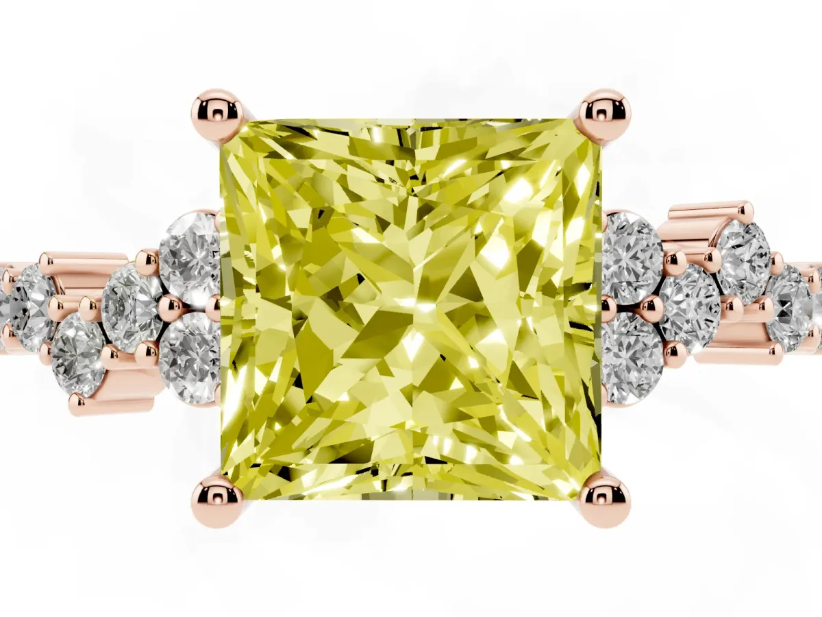 Fancy Yellow Princess Cut Diamond Scattered Round Accent Ring with Prong Setting Rose gold