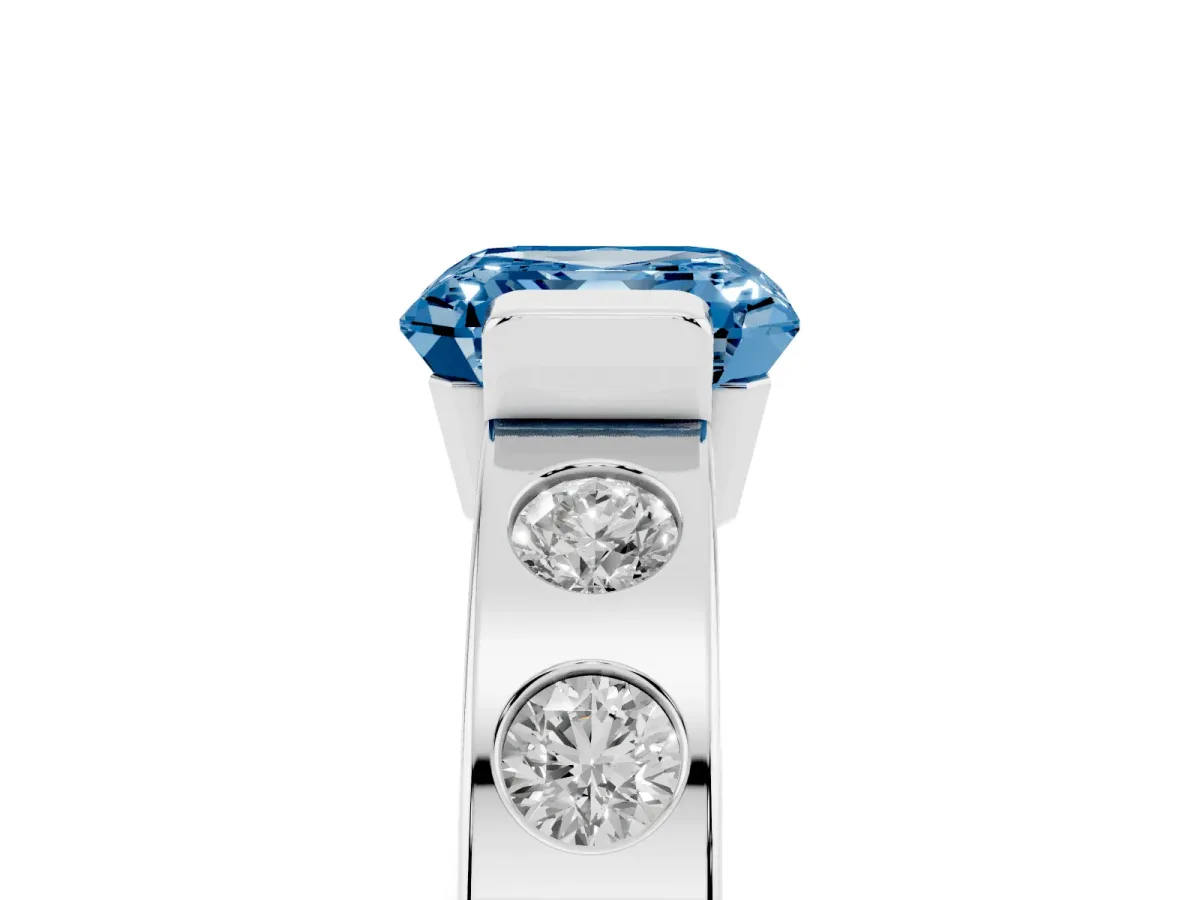 Fancy Blue Asscher Cut Brilliant Channel-Set Diamond Ring with Bezel Prong Setting Platinum