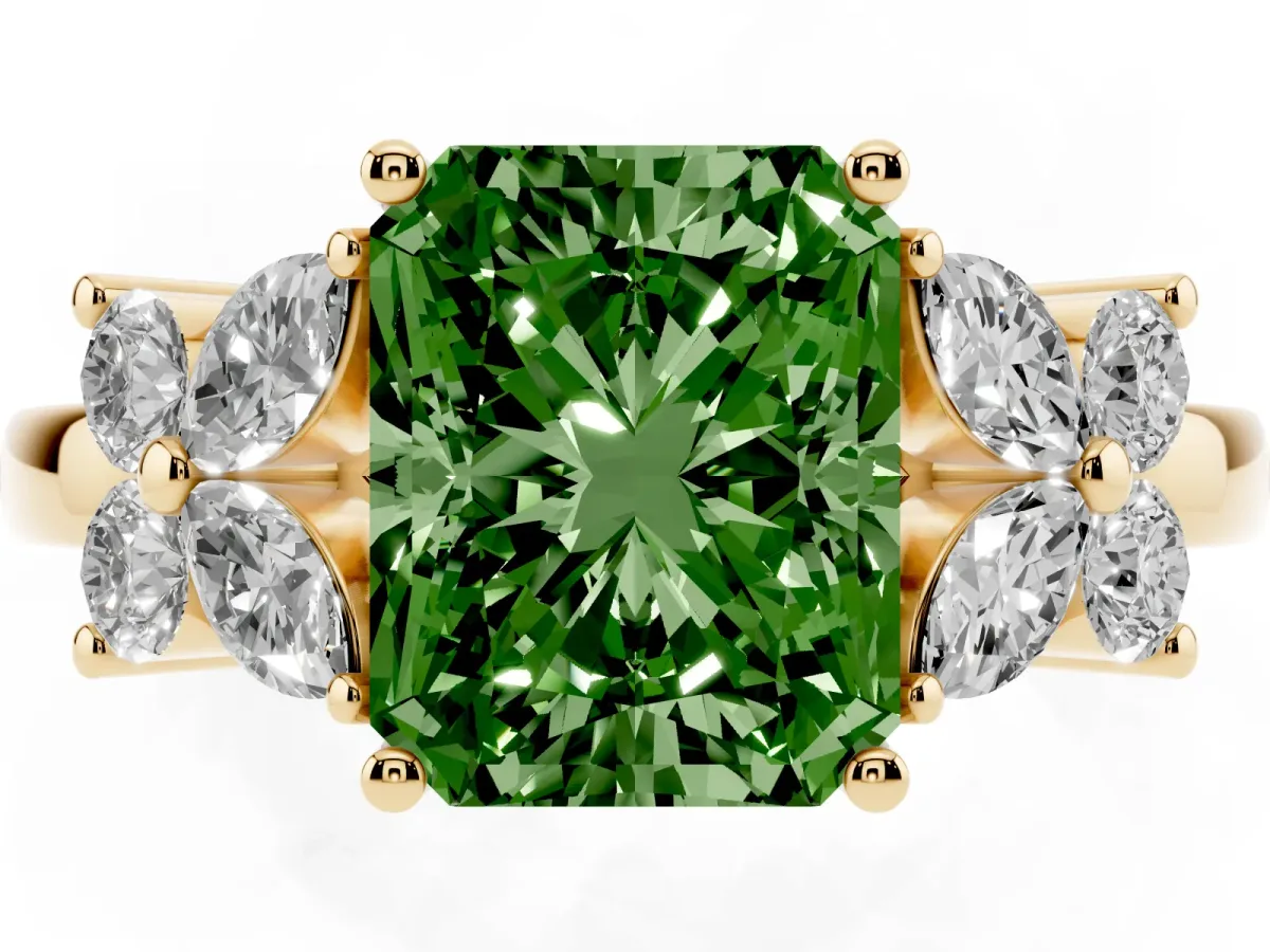Fancy Green Radiant Cut Diamond Floral Cluster Ring with Solitaire Band and Prong Setting Yellow gold