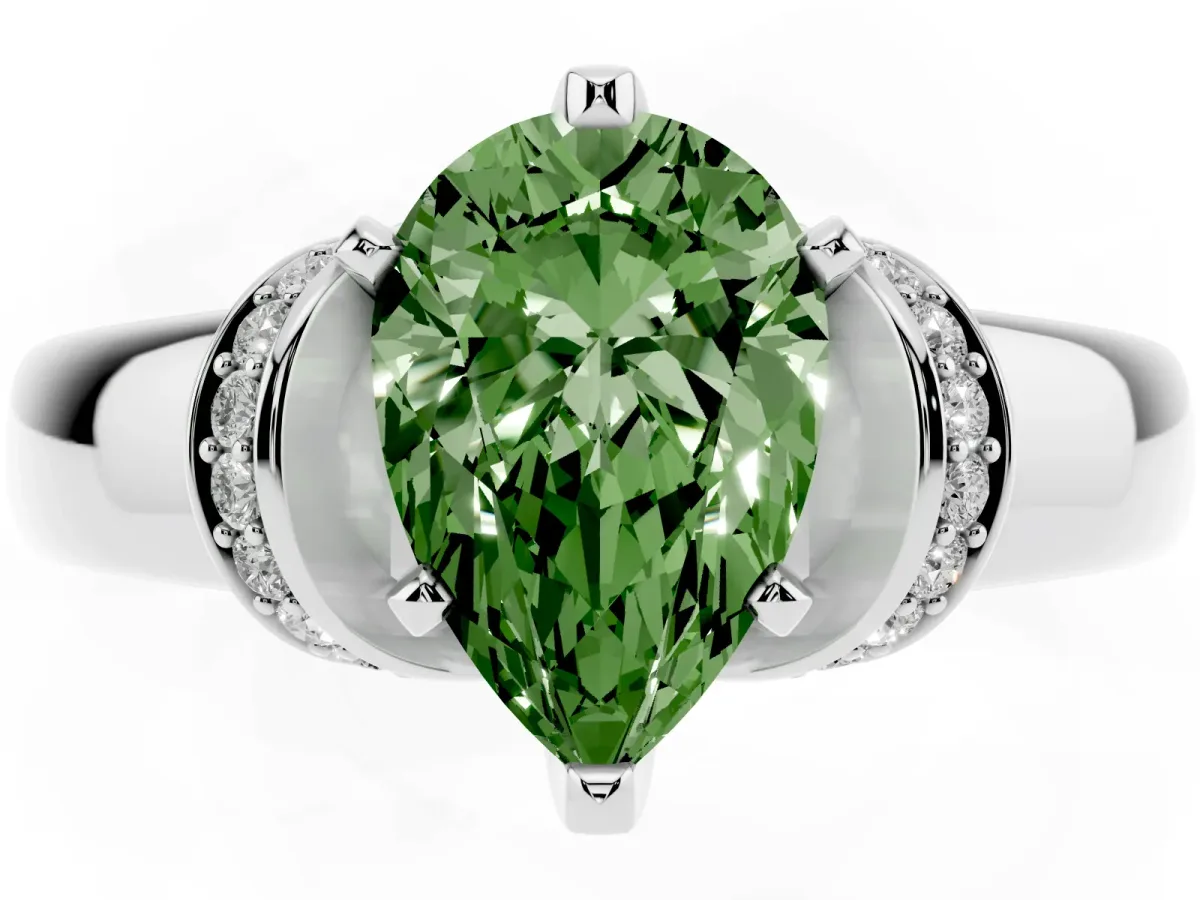 Fancy Green Pear Cut Solitaire Diamond Ring with Pave Band and Six-Prong Setting Silver