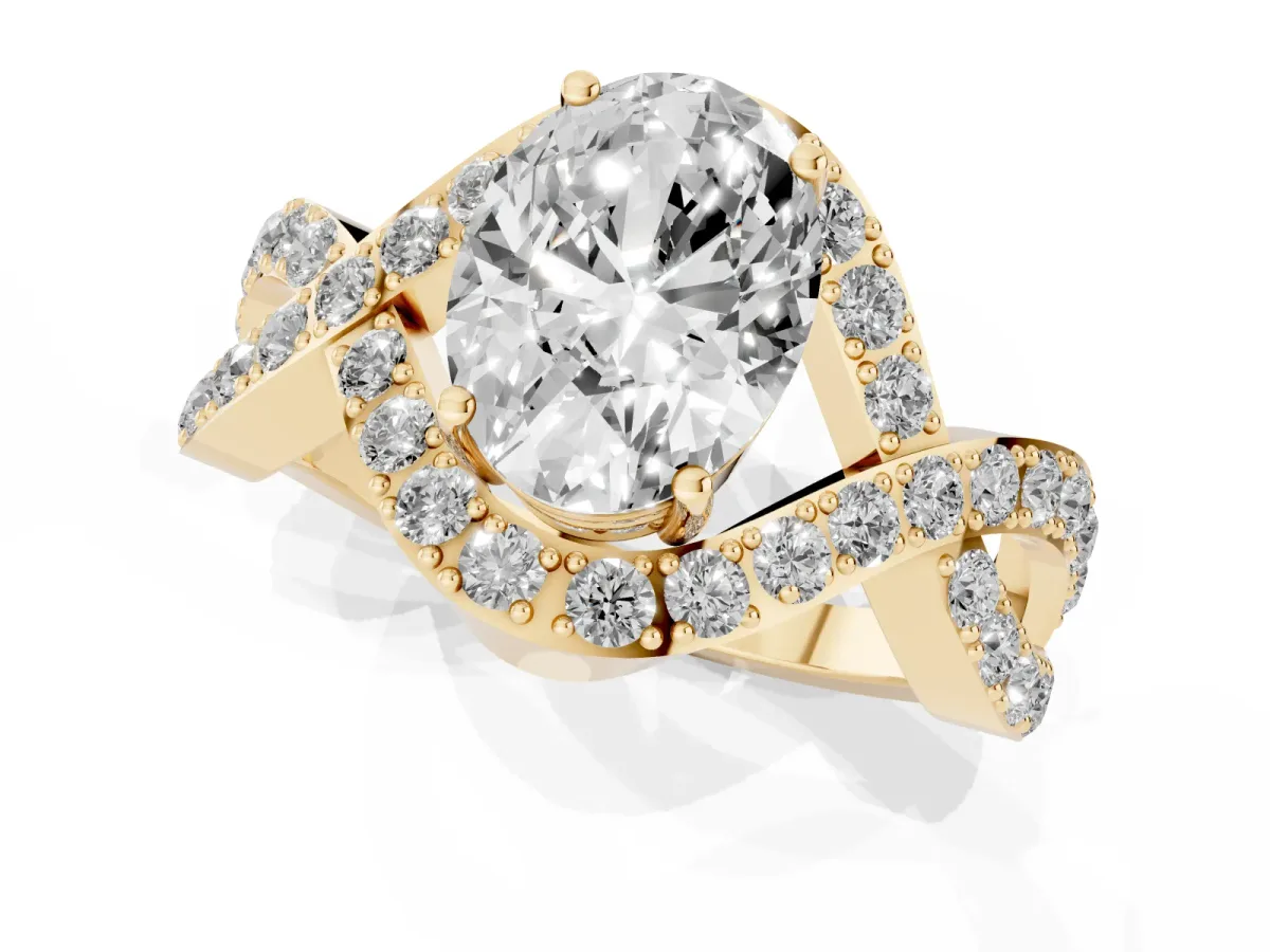 Oval Cut Solitaire Twist Band Pavé Diamond Engagement Ring Yellow gold