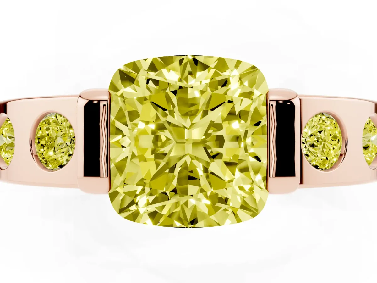Fancy Yellow Cushion Cut Brilliant Channel-Set Diamond Ring with Bezel Prong Setting Rose gold