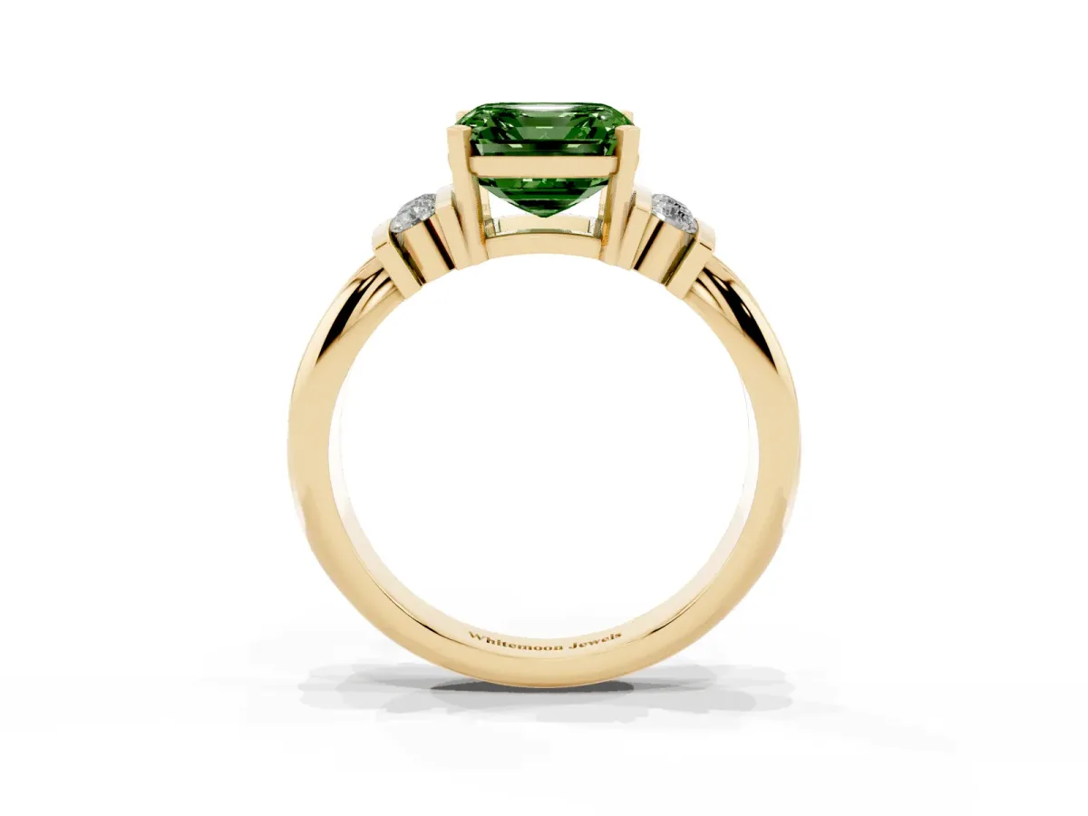 Fancy Green Asscher Cut Cut Three-Stone Channel Set Ring with Bar Prongs Yellow gold