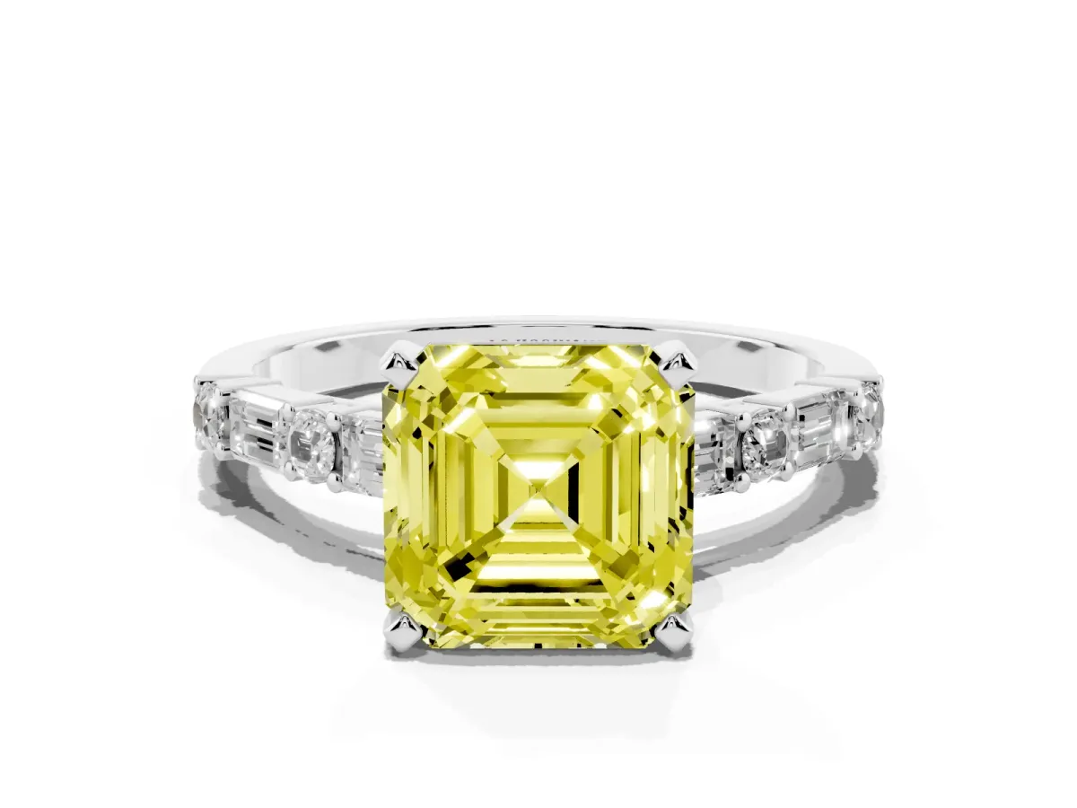 Fancy Yellow Asscher Cut Diamond Solitaire with Side Baguettes and Channel Set Band Silver