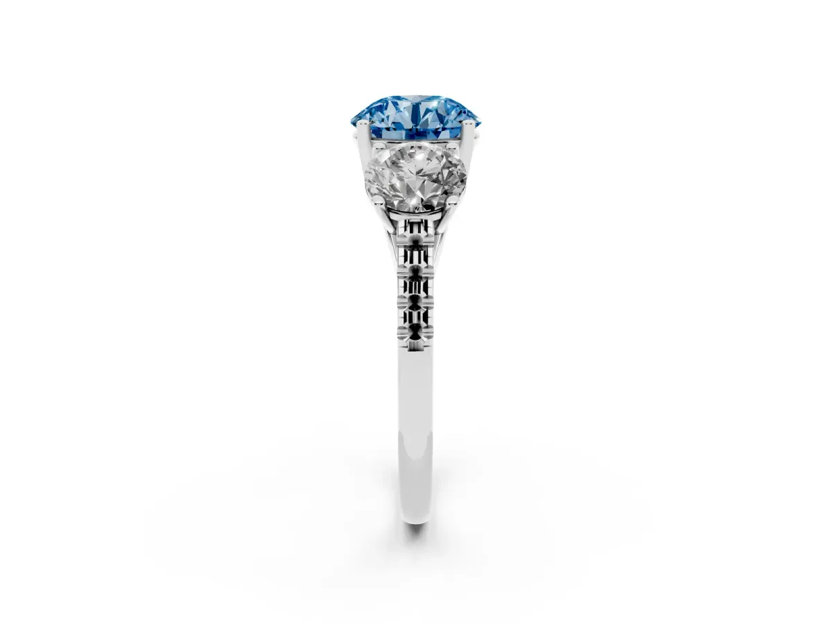 Fancy Blue Three-Stone Round Cut Diamond Ring with Round Pavé Band and Prong Setting Silver