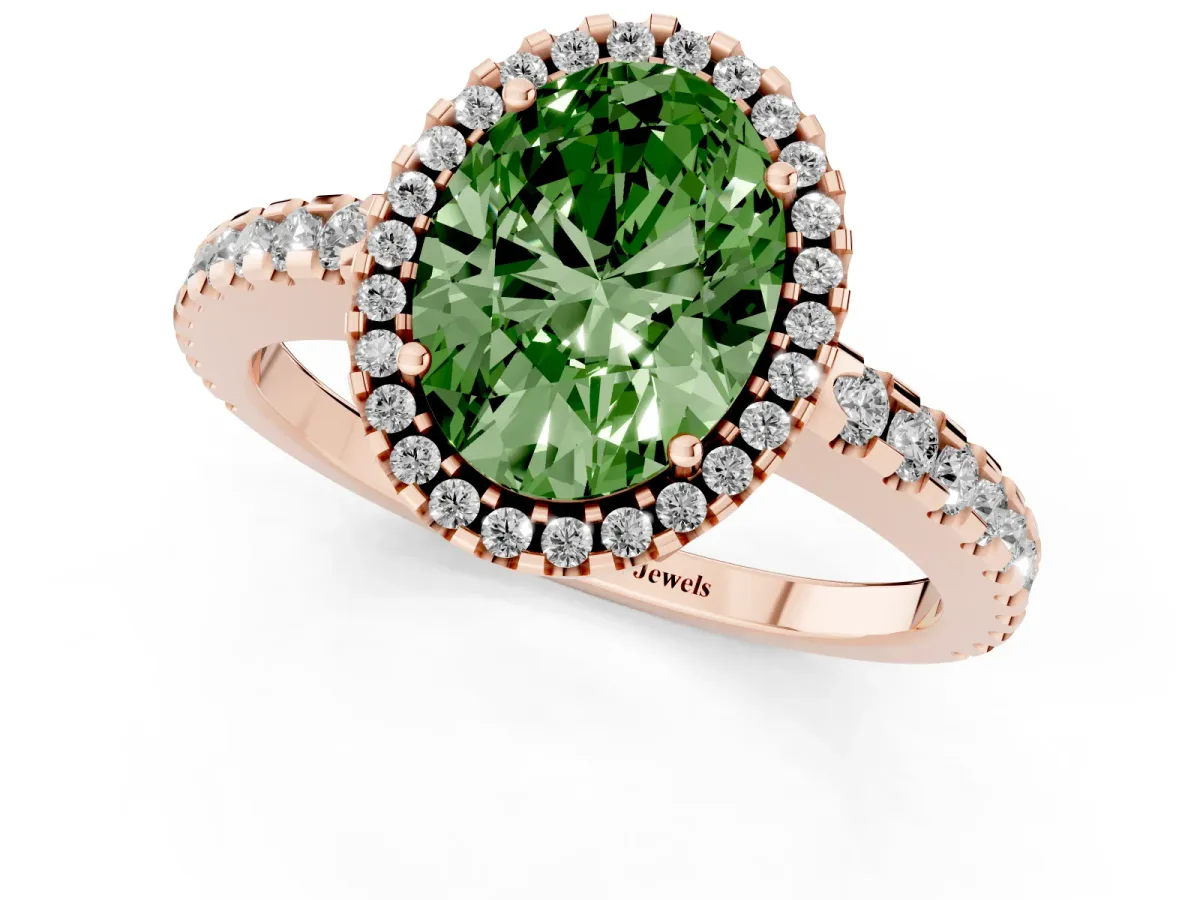 Fancy Green Oval Cut Diamond Halo Engagement Ring with Pavé Band and Prong Setting Rose gold