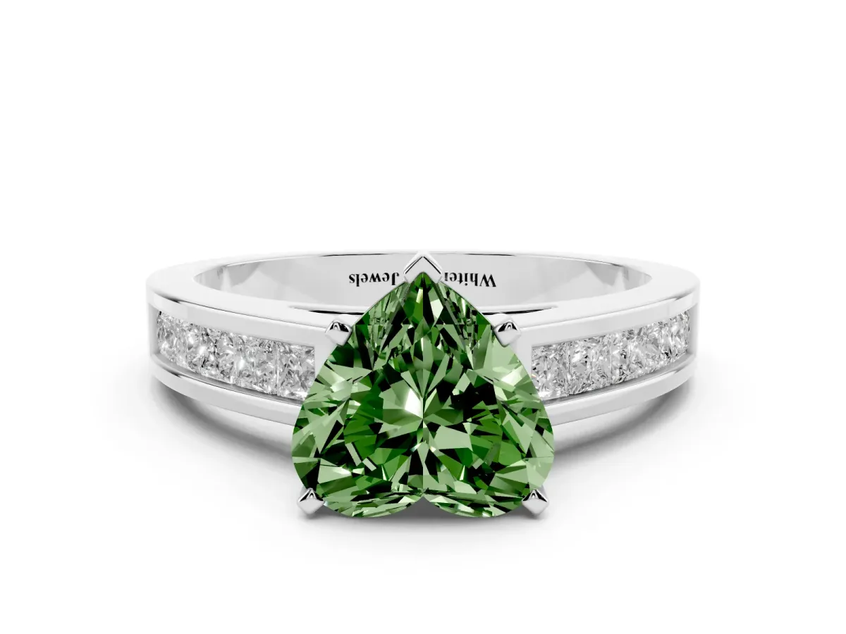 Fancy Green Heart Cut Solitaire Diamond Ring with Channel-Set Band and Four-Prong Setting White gold