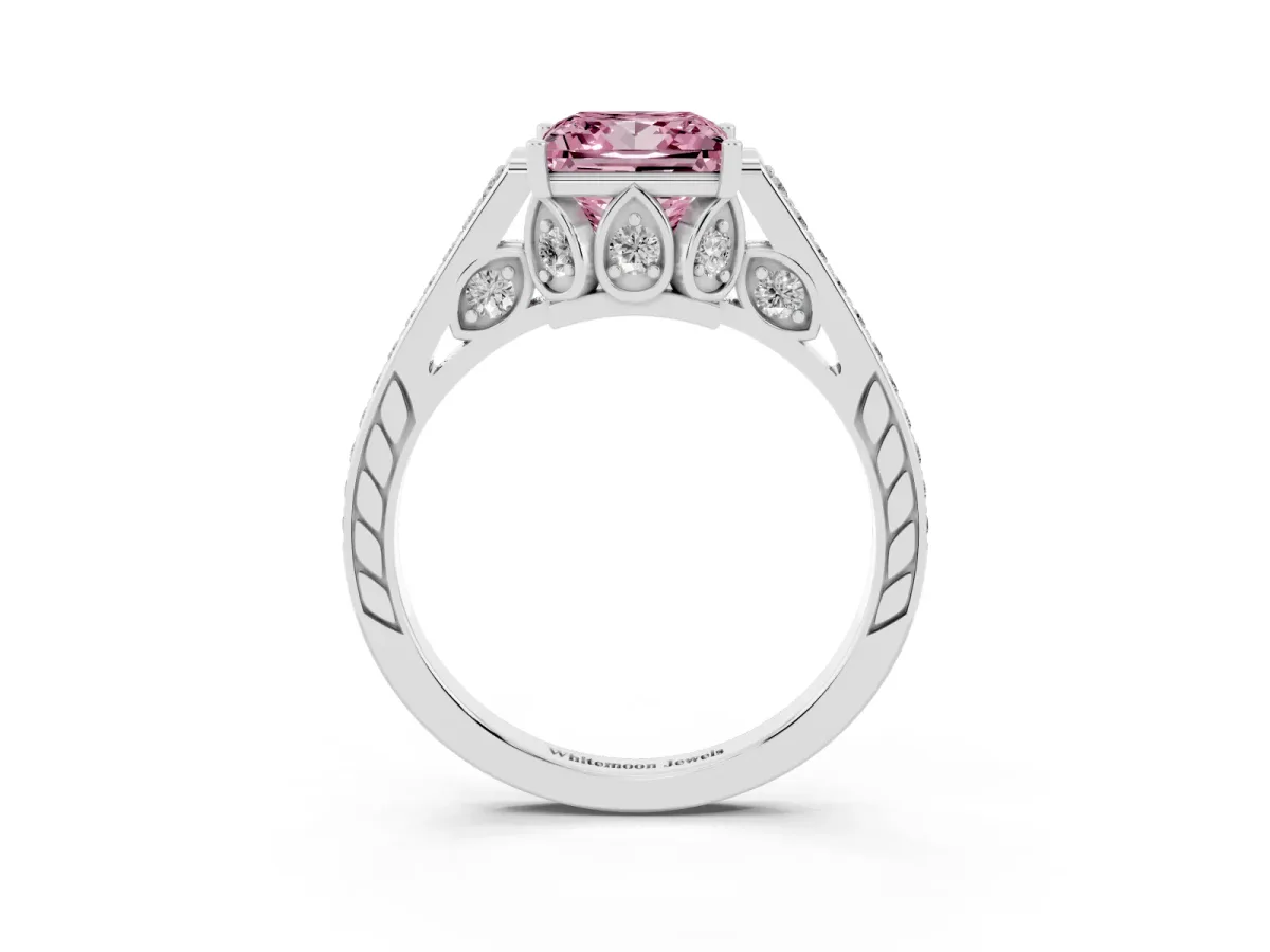 Fancy Pink Princess Cut Cut Cathedral Pave Diamond Engagement Ring with Six-Prong Setting Silver