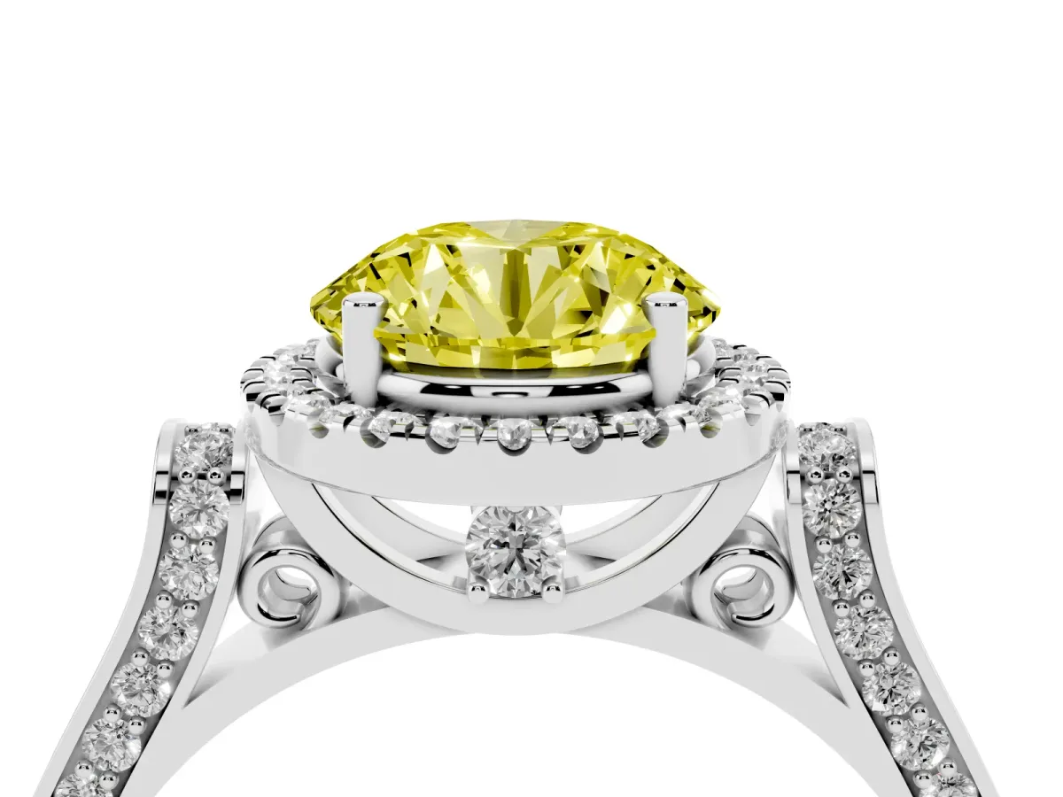 Fancy Yellow Round Cut Halo Round Diamond Twist Band with Four-Prong Setting Silver