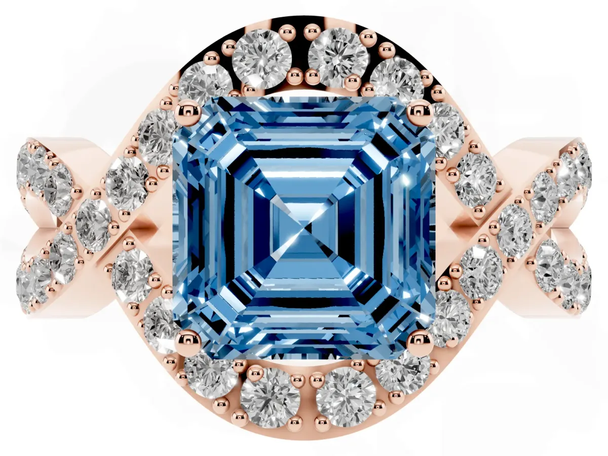 Fancy Blue Asscher Cut Solitaire Twist Band Pavé Diamond Engagement Ring Rose gold