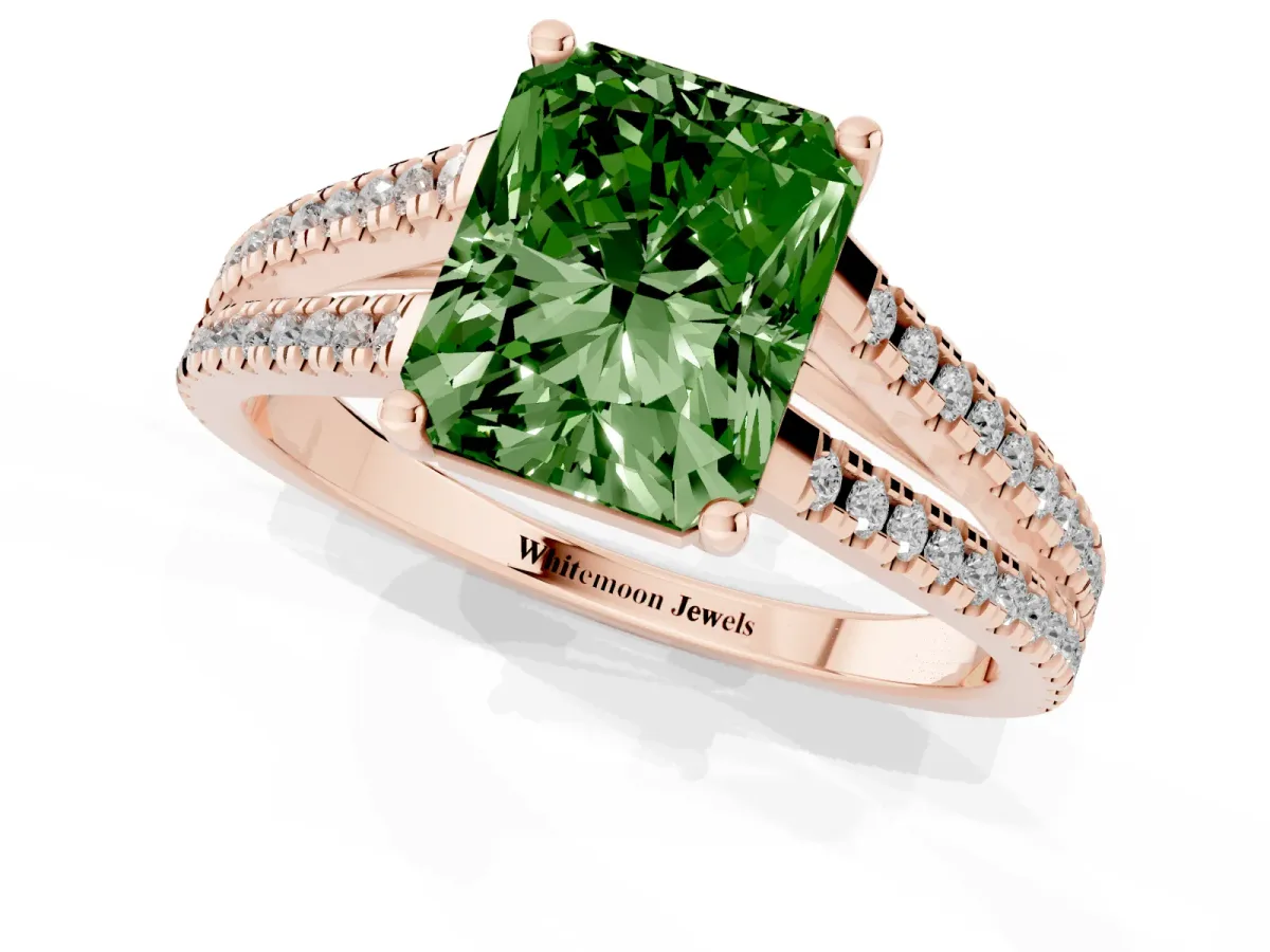 Fancy Green Radiant Cut Diamond Solitaire Engagement Ring with Split Shank Pavé Band Rose gold