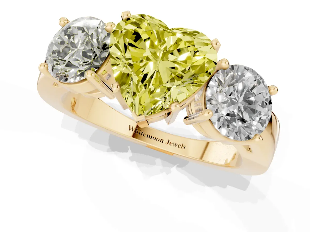 Fancy Yellow Three-Stone Heart Cut Diamond Ring with Round Side Stones, Classic Band, and Four-Prong Setting Yellow gold