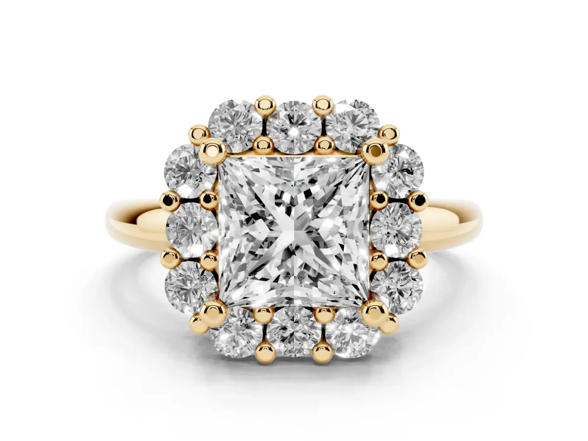 Princess Cut Halo Cluster Diamond Engagement Ring with Prong Setting and Polished Band Yellow gold