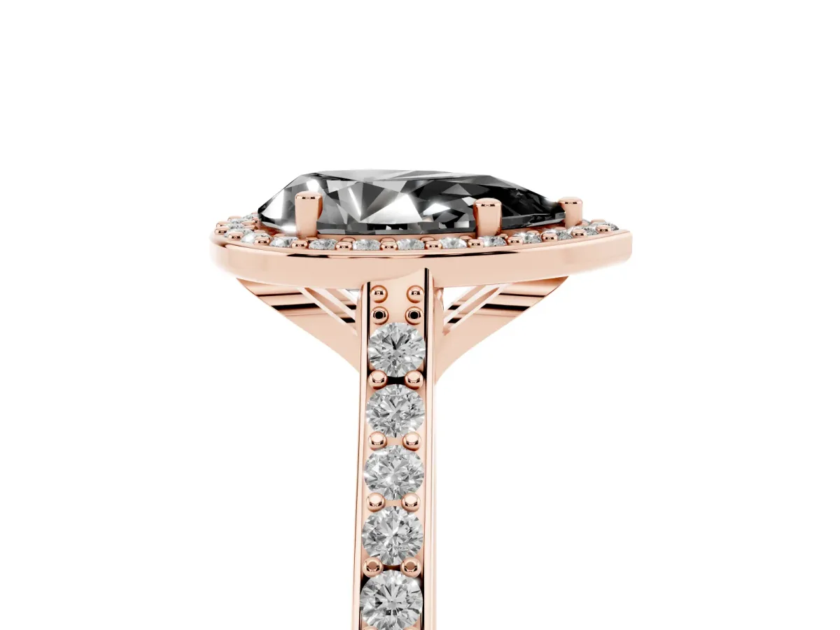Fancy Black Pear Cut Diamond Halo Engagement Ring with Round Pavé Shoulders and Prong Setting Rose gold