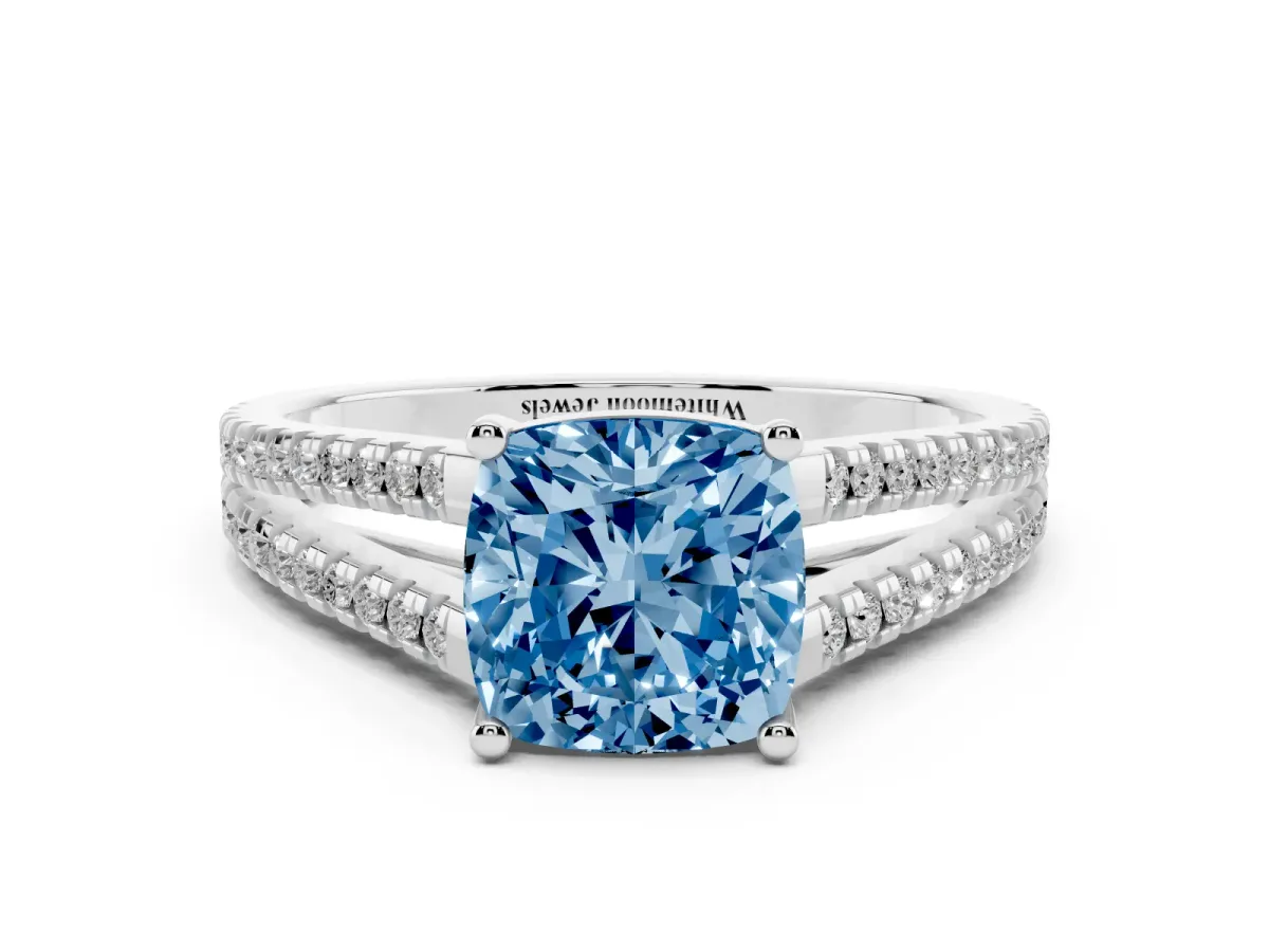Fancy Blue Cushion Cut Diamond Solitaire Engagement Ring with Split Shank Pavé Band Platinum