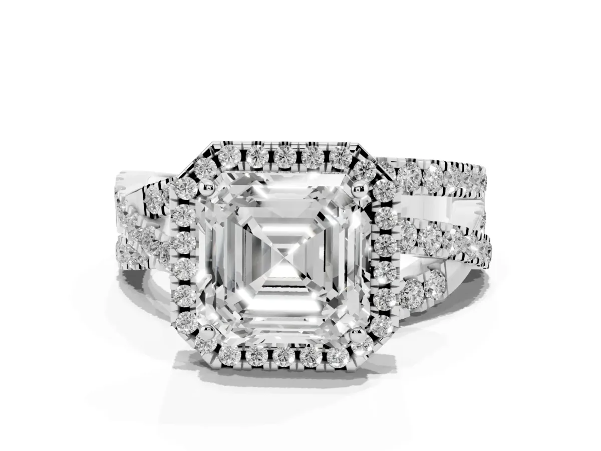 Asscher Cut Diamond Halo Ring with Round Split Shank and Prong Setting White gold