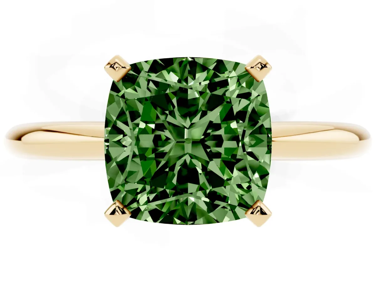 Fancy Green Cushion Cut Diamond Solitaire Ring with Prong Setting and Classic Band Yellow gold