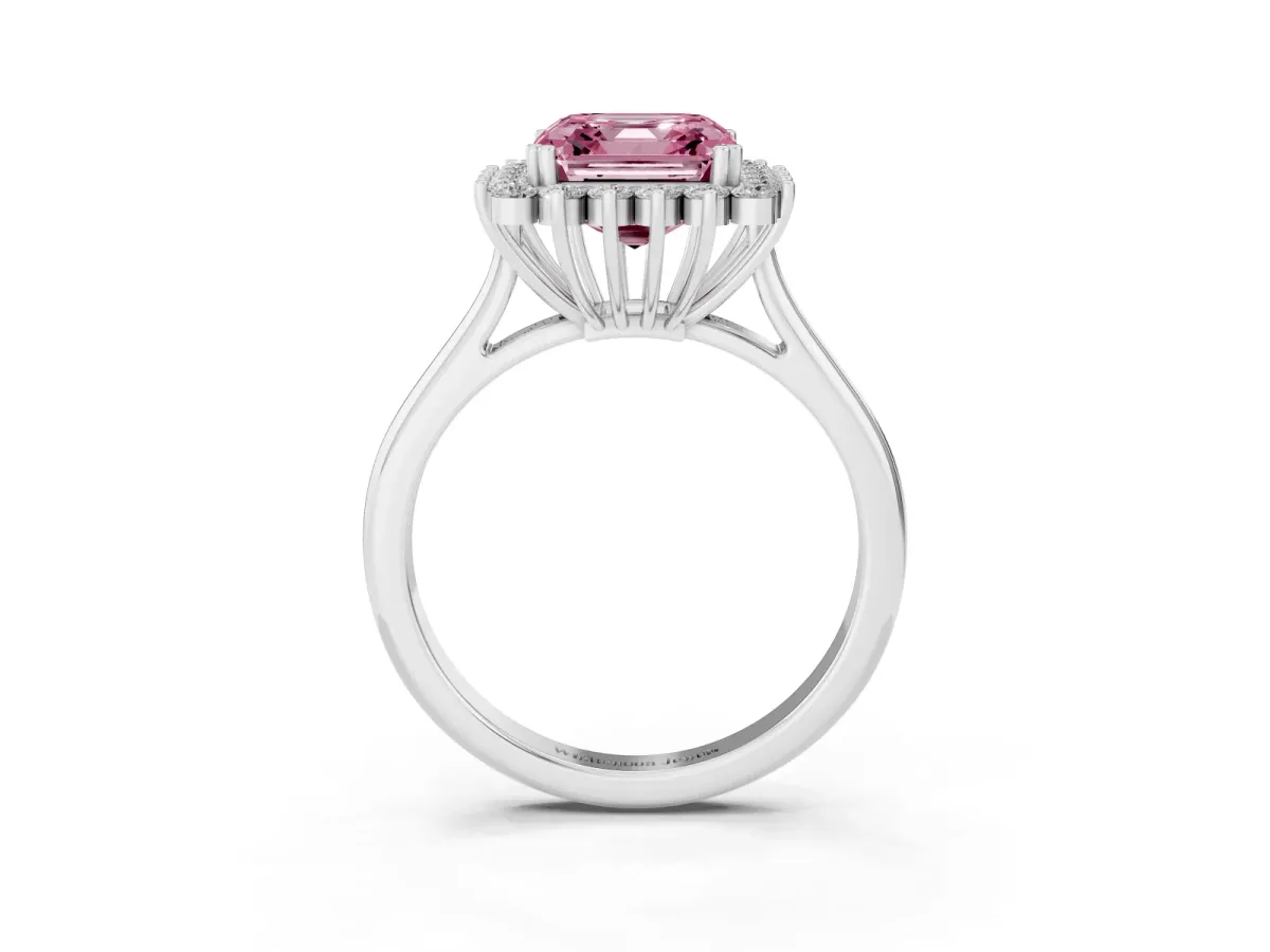 Fancy Pink Asscher Cut Cut Diamond Halo Ring with Solitaire Band and Prong Setting Platinum