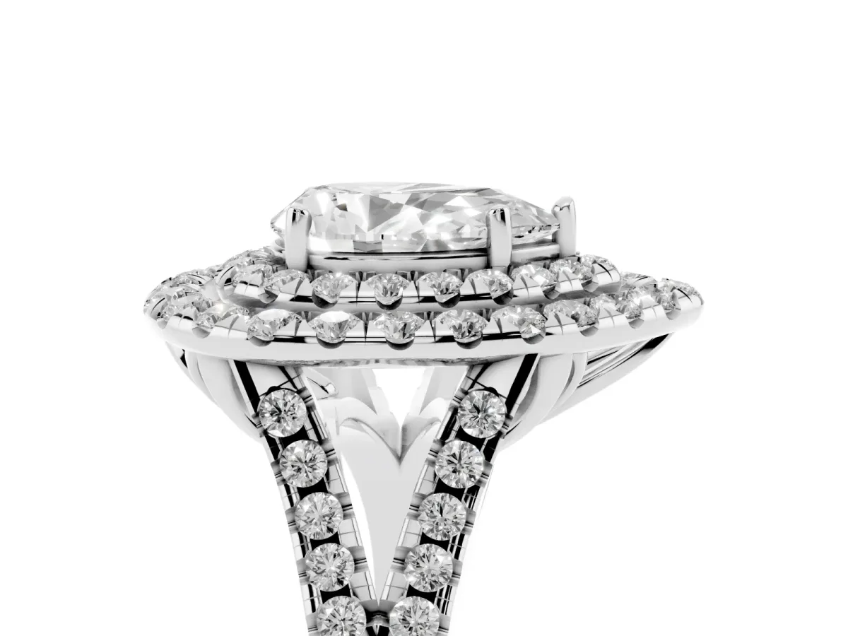 Double Halo Pear Cut Diamond Pavé Split Shank Ring with Prong Setting Silver
