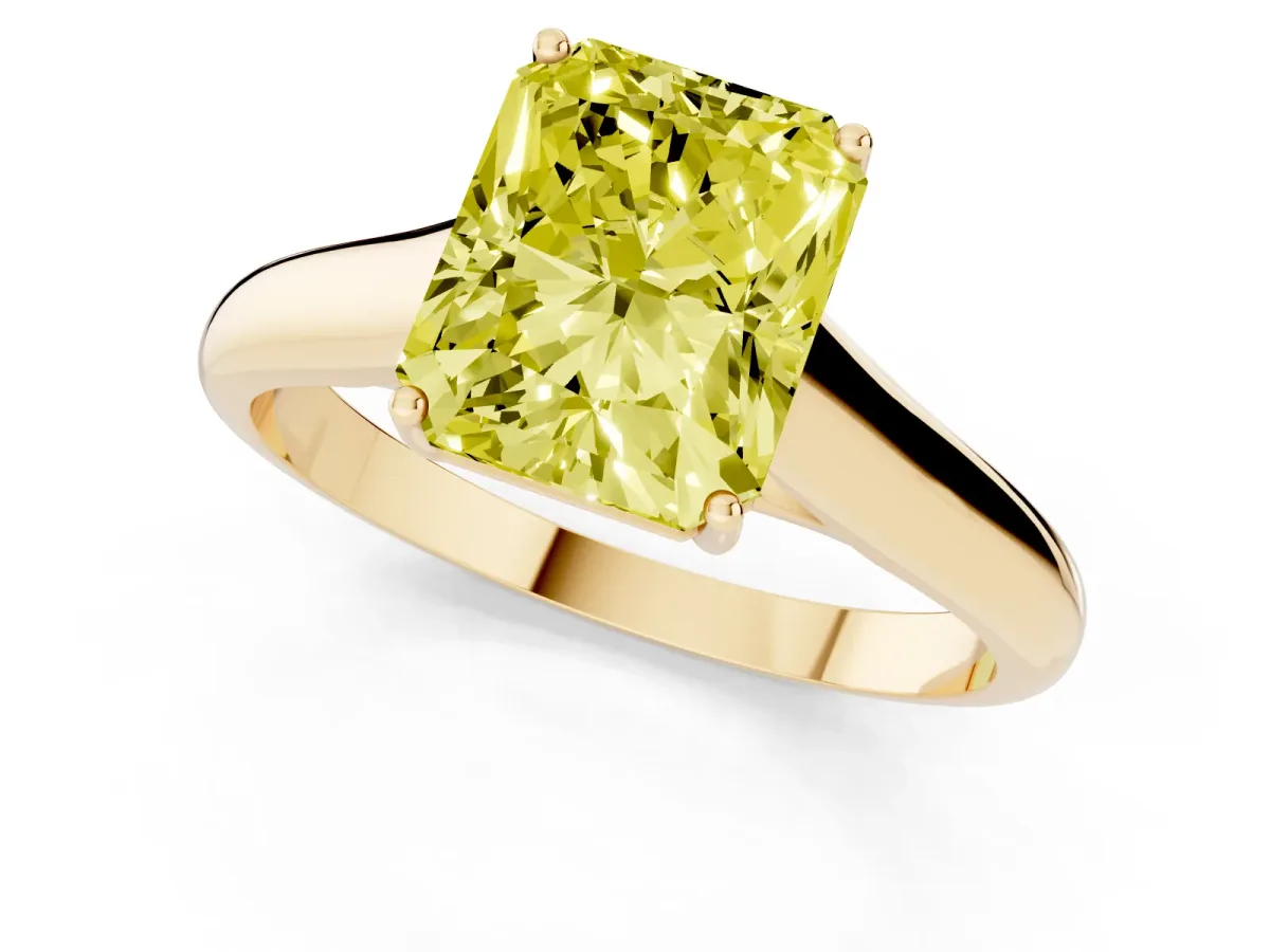 Fancy Yellow Radiant Cut Solitaire Engagement Ring with Tapered Band and Four-Prong Setting Yellow gold