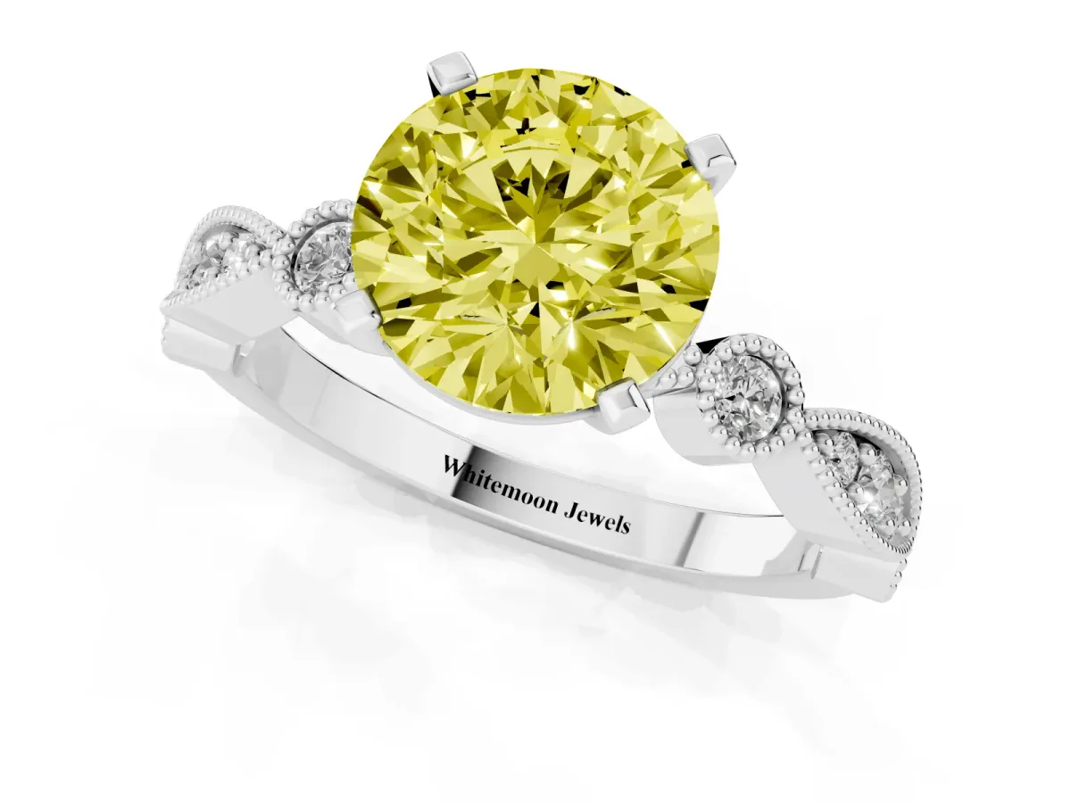 Fancy Yellow Round Cut Milgrain Bezel Diamond Engagement Ring with Solitaire Prong Setting Silver