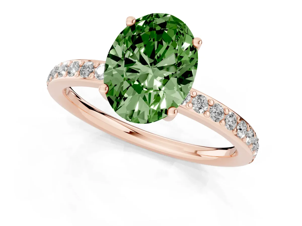 Fancy Green Oval Cut Cut Diamond Pavé Band Ring with Four-Prong Setting Rose gold