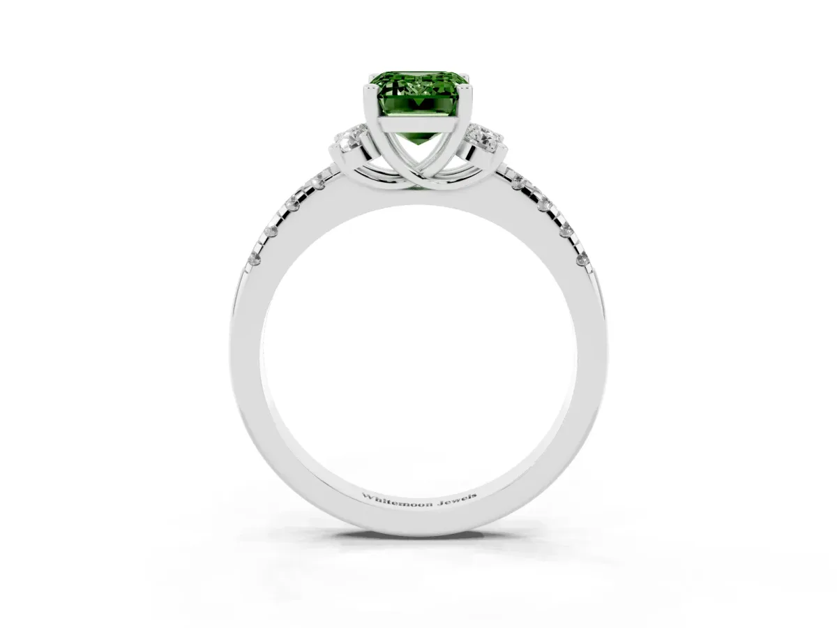 Fancy Green Emerald Cut Diamond Three-Stone Pave Band with Four-Prong Setting Silver
