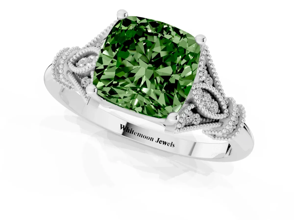 Fancy Green Cushion Cut Diamond Solitaire Ring with Floral Filigree and Pave Accents Silver