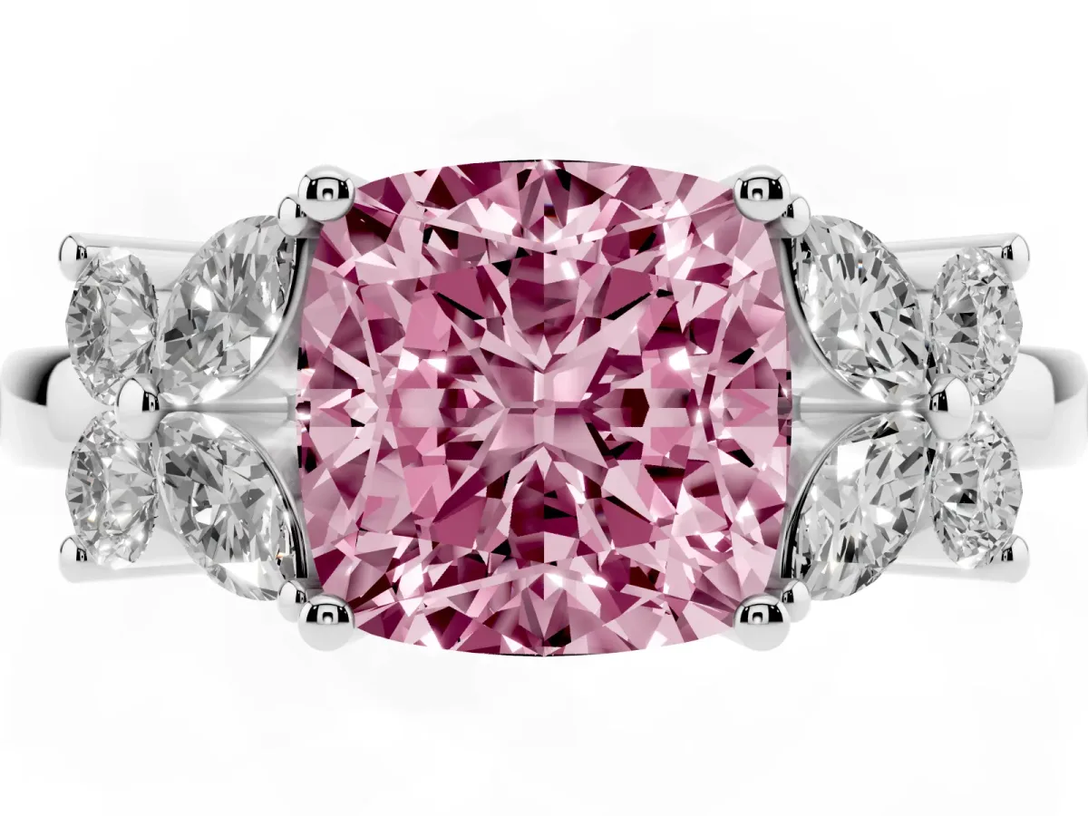 Fancy Pink Cushion Cut Diamond Floral Cluster Ring with Solitaire Band and Prong Setting White gold