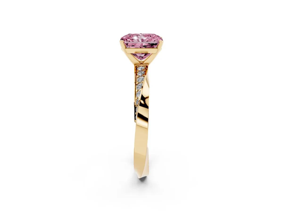 Fancy Pink Radiant Cut Diamond Engagement Ring with Side Stone Accents and Four-Prong Setting Yellow gold