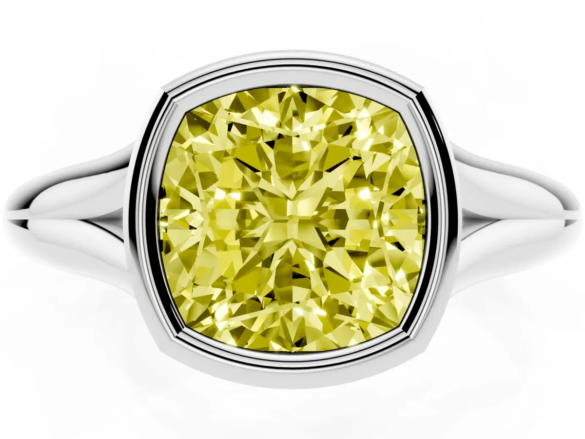 Fancy Yellow Bezel Set Cushion Cut Solitaire Diamond Ring with Smooth Band Silver