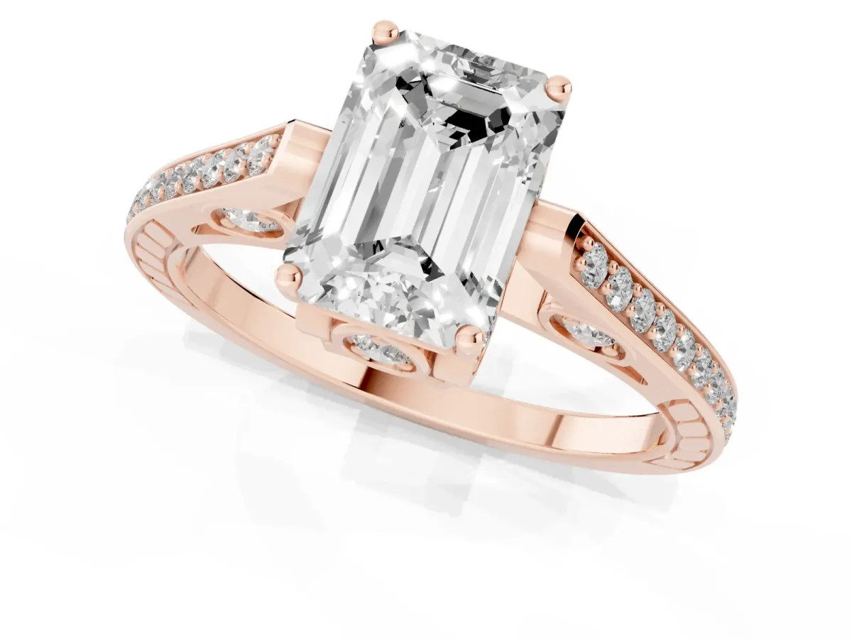 Emerald Cut Cut Cathedral Pave Diamond Engagement Ring with Six-Prong Setting Rose gold