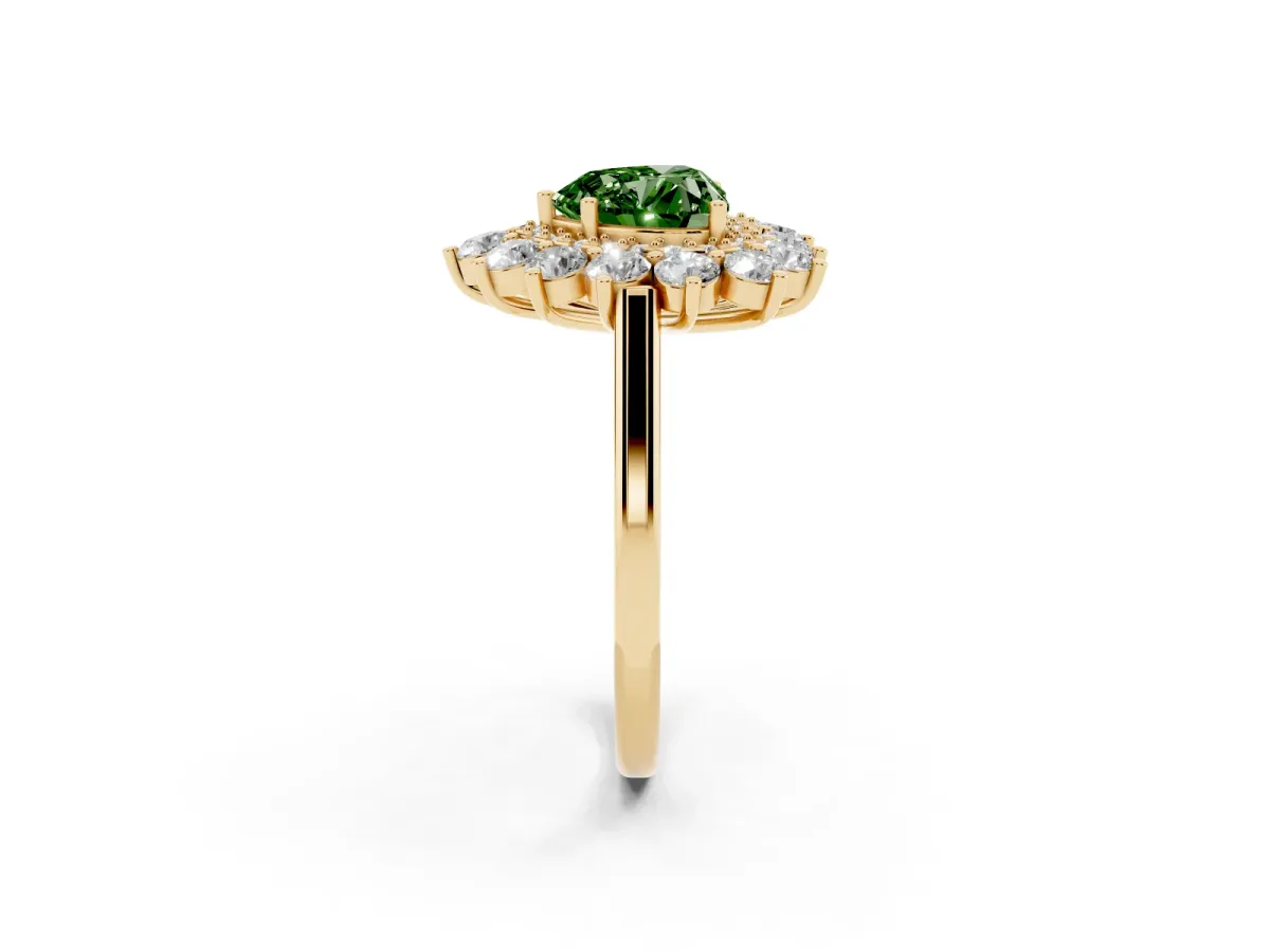 Fancy Green Heart Cut Diamond Floral Double Halo Engagement Ring with Prong Setting Yellow gold